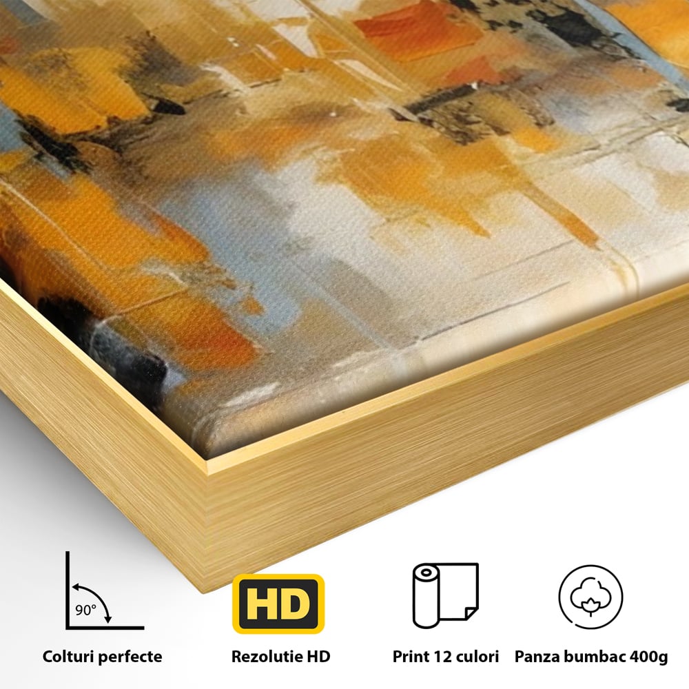 Detaliu al suprafetei: pictura abstracta cu reflexii in apa, in rama de aluminiu auriu